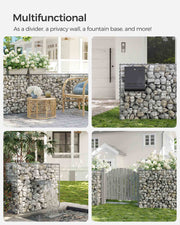 Collage showing the gabion used as a garden divider and as a letterbox surround