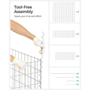 Tool-free assembly parts including mesh panels and spiral binding wires