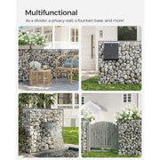 Collage showing gabion cages used as a divider, mailbox stand and water feature