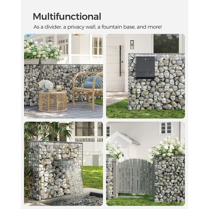 Collage showing gabion cages used as a divider, mailbox stand and water feature