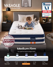 Child reading on the single mattress in a bedroom, above a firmness scale from H1 to H5 with H3 medium firm highlighted