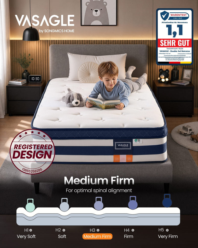 Child reading on the single mattress in a bedroom, above a firmness scale from H1 to H5 with H3 medium firm highlighted
