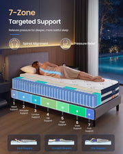 Woman lying on her side on the mattress with the 7 support zones labelled from head support to foot support along the spring layer