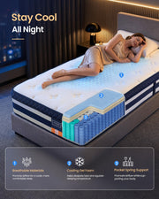 Woman asleep on the mattress at night with a cutaway showing the breathable cover, cooling gel foam and pocket spring support layers
