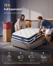 Couple unrolling the mattress onto a bed base beside its delivery box, with the unbox, unroll, expand and wait 72 hours steps below