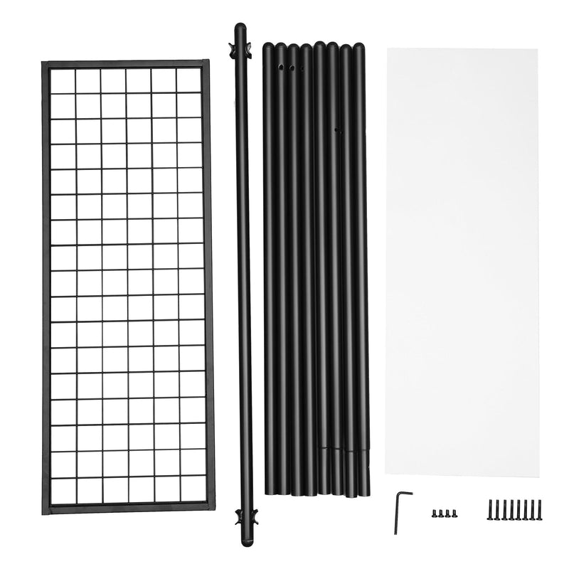 All garment rack parts laid out including mesh shelf, poles, plastic panel and screws