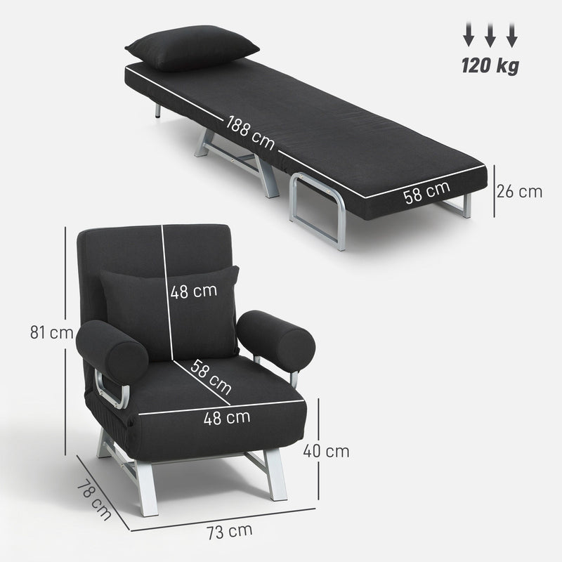 Dimension diagram showing armchair mode 73 x 78 x 81 cm and bed mode 188 x 58 x 26 cm