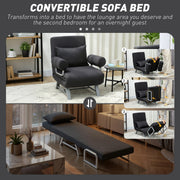 Chair bed shown converting through chair, chaise lounge and bed positions