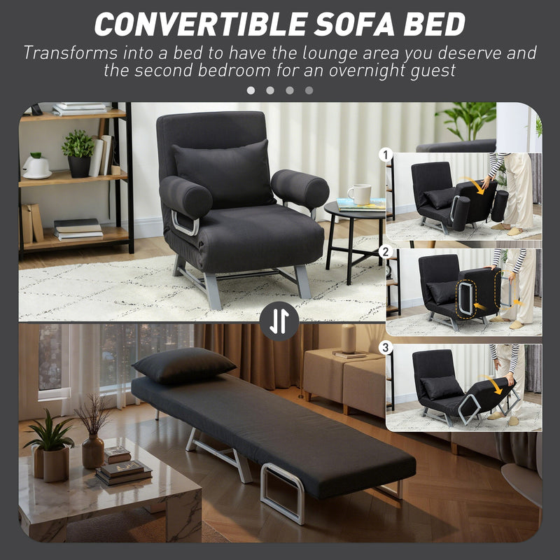 Chair bed shown converting through chair, chaise lounge and bed positions