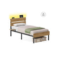 Single Steel Bed Frame with USB Ports and Storage by Vasagle in a bedroom setting
