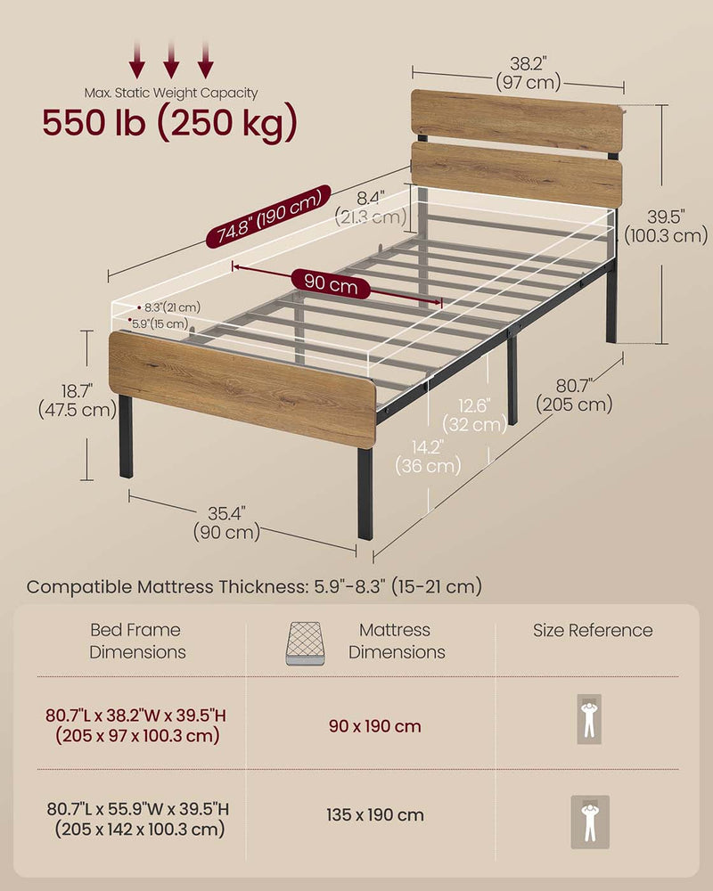 Dimension diagram showing the bed frame's 205 x 97 x 100.3 cm size and 250 kg capacity