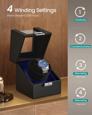 Close-up of PU leather exterior and lock on the watch winder box