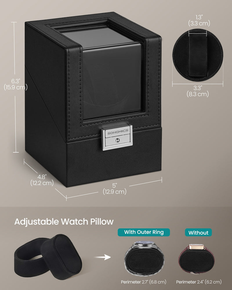 Watch winder box with built-in light showcasing the watch
