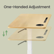 Feature image showing the tabletop at two heights with arrows for one-handed height adjustment