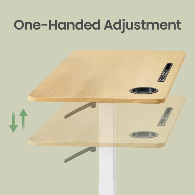 Feature image showing the tabletop at two heights with arrows for one-handed height adjustment