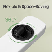 Close-up of the black 360 degree swivel cup holder mounted on the white edge of the table