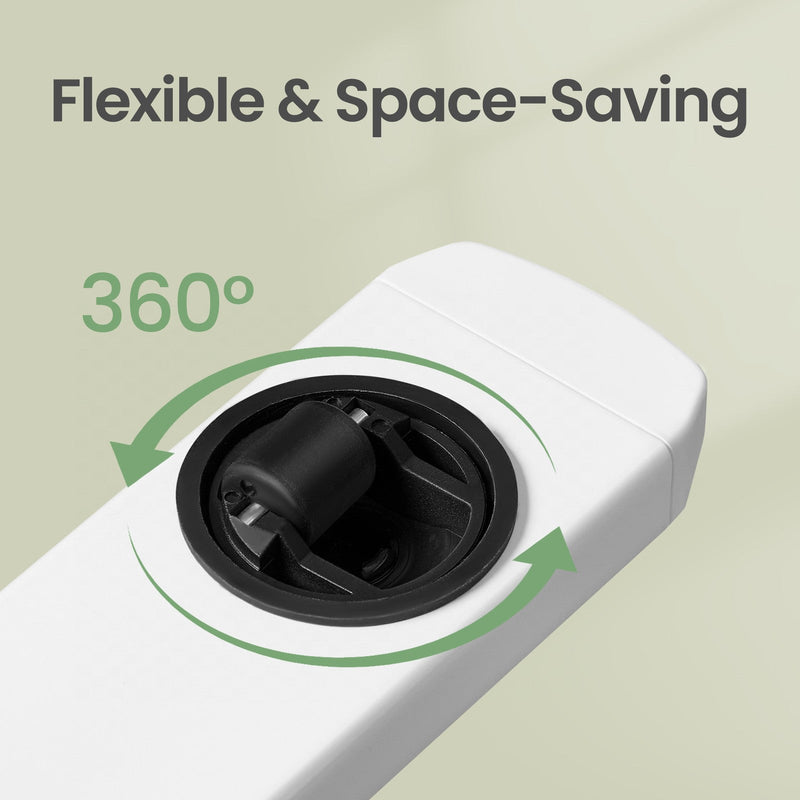 Close-up of the black 360 degree swivel cup holder mounted on the white edge of the table