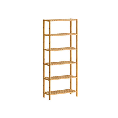 Six-tier bamboo storage shelf by Songmics, front view showing all shelves