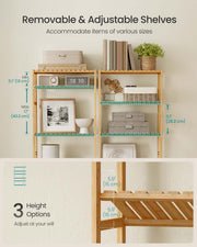 Bamboo storage shelf styled in a kitchen holding jars and containers
