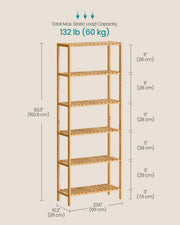 Six-tier bamboo storage shelf shown from an angled side view