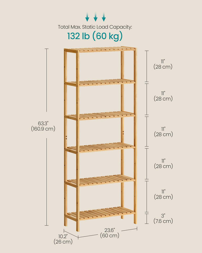 Six-tier bamboo storage shelf shown from an angled side view