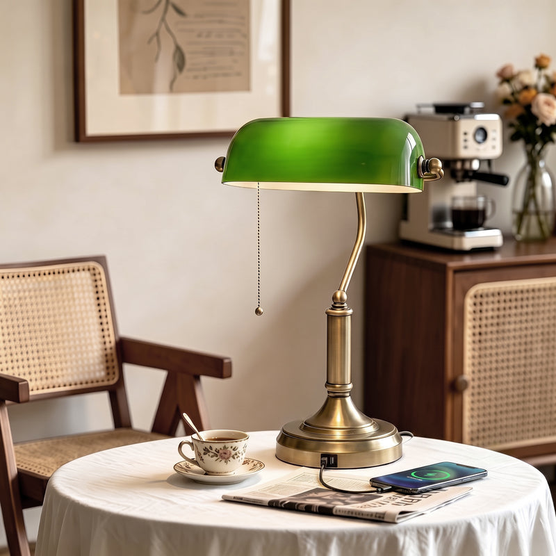 Bedside Table Lamp with Adjustable Shade and Built In USB Charging Ports Green