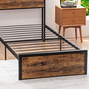 Single Metal Bed Frame With Storage Headboard and Slatted Base For Bedroom, Rustic Brown