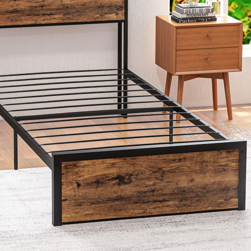 Single Metal Bed Frame With Storage Headboard and Slatted Base For Bedroom, Rustic Brown