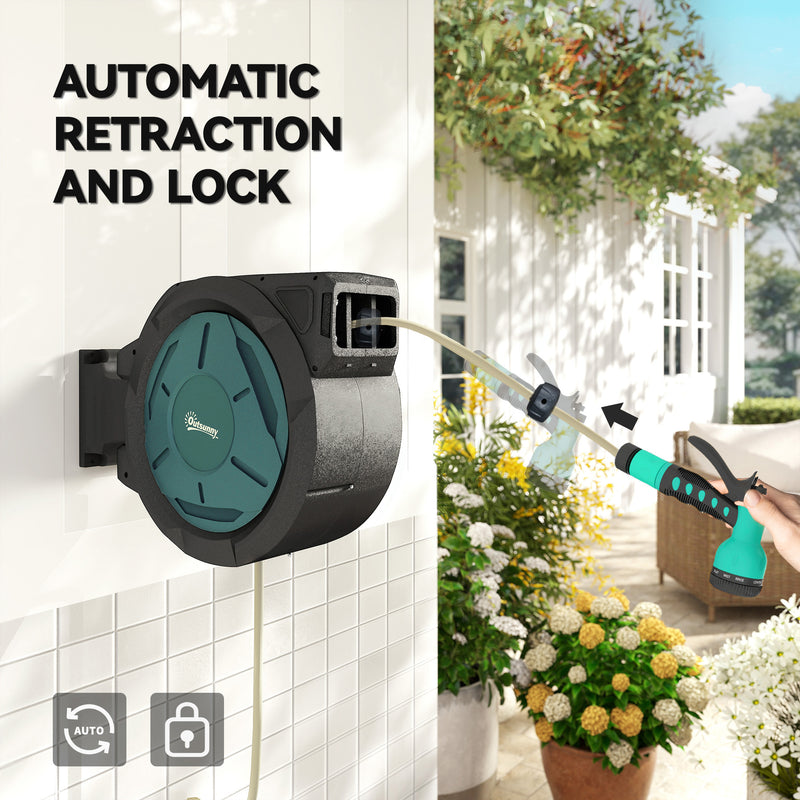 Wall Mounted Retractable Garden Hose Reel With Auto Rewind And Spray Nozzle Black Outsunny
