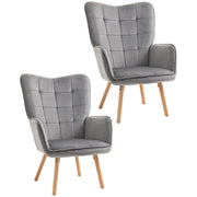 Set of 2 Velvet Wingback Armchairs with Tufted Backrest and Wood Legs for Lounge Use Grey