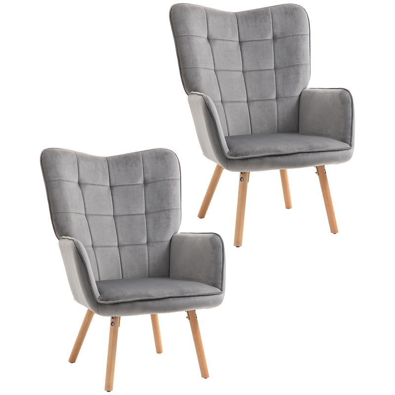 Set of 2 Velvet Wingback Armchairs with Tufted Backrest and Wood Legs for Lounge Use Grey