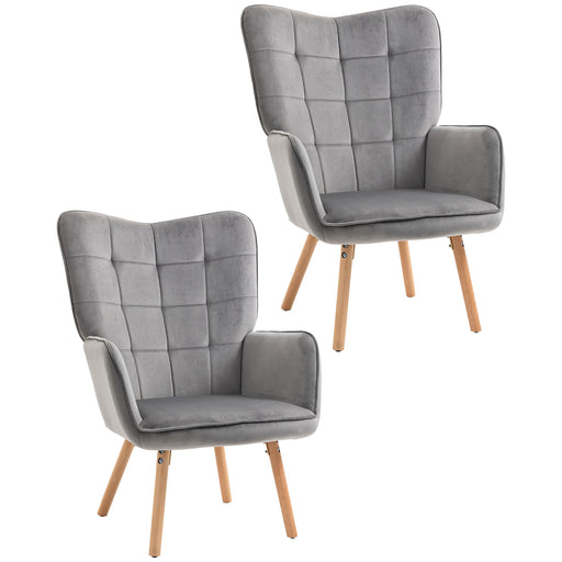 Set of 2 Velvet Wingback Armchairs with Tufted Backrest and Wood Legs for Lounge Use Grey