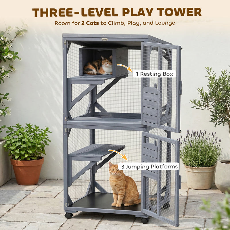 Rolling Outdoor Cat Enclosure With Three Levels for Easy Garden Access Dark Grey Pawhut