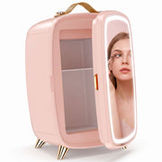 Pink Homcom skincare fridge with the LED mirror door open showing two shelves