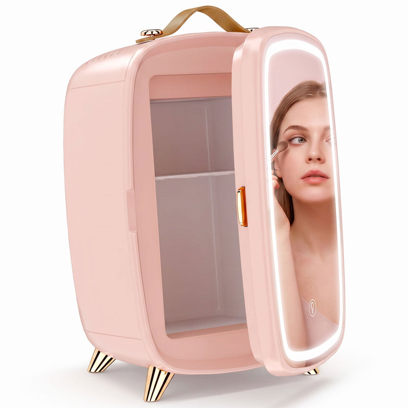 Pink Homcom skincare fridge with the LED mirror door open showing two shelves
