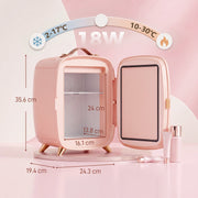 Pink fridge diagram showing 24.3 x 19.4 x 35.6 cm outside, 16.1 x 13.8 x 24 cm inside, 2-17C and 18W