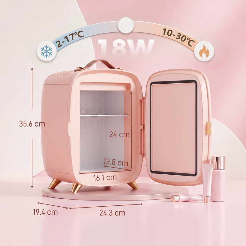 Pink fridge diagram showing 24.3 x 19.4 x 35.6 cm outside, 16.1 x 13.8 x 24 cm inside, 2-17C and 18W