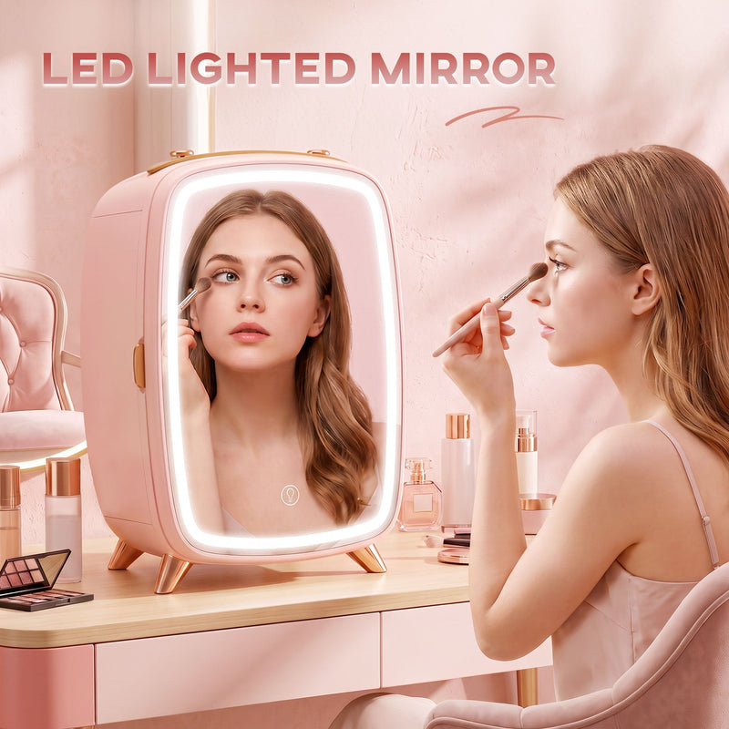 Woman using the lit LED mirror door of the pink fridge to apply makeup at a vanity