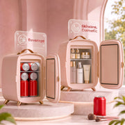 Pink fridge shown holding beverages on one side and skincare and cosmetics on the other