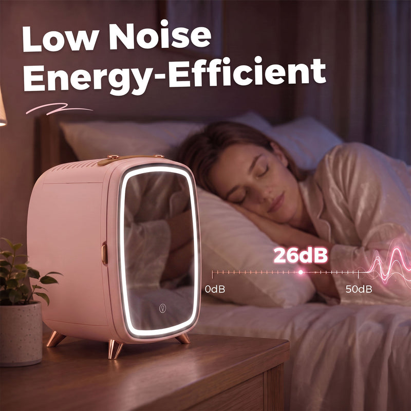 Low noise panel showing a 26 dB reading with the pink fridge on a bedside table