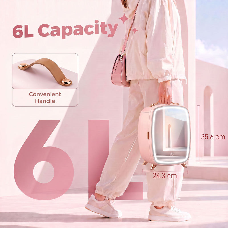 6L capacity panel showing the pink fridge padded carry handle and the 35.6 by 24.3 cm size