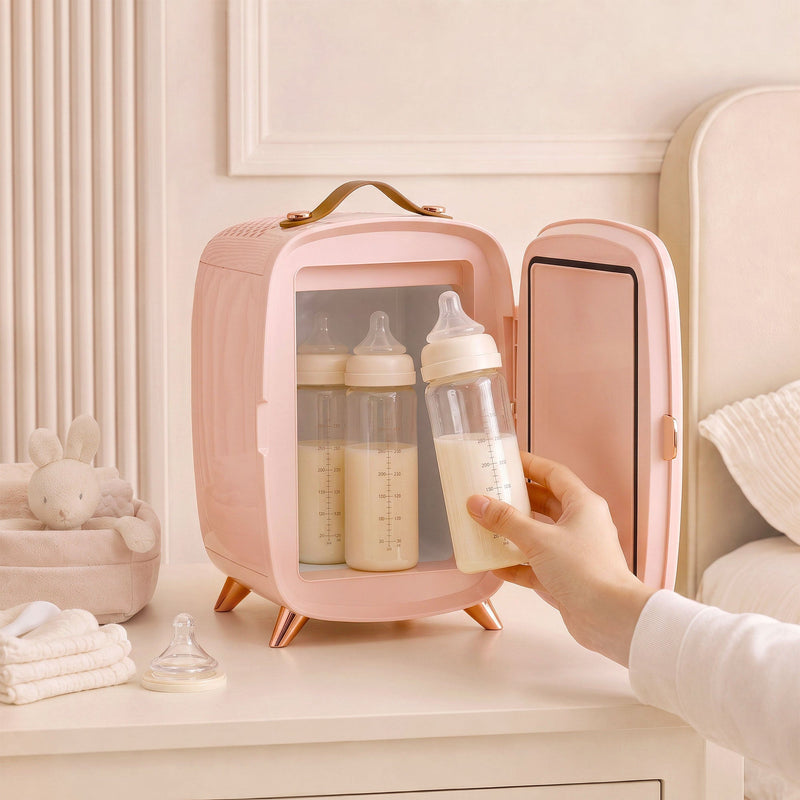 Hand taking a baby bottle from the open pink fridge in a nursery