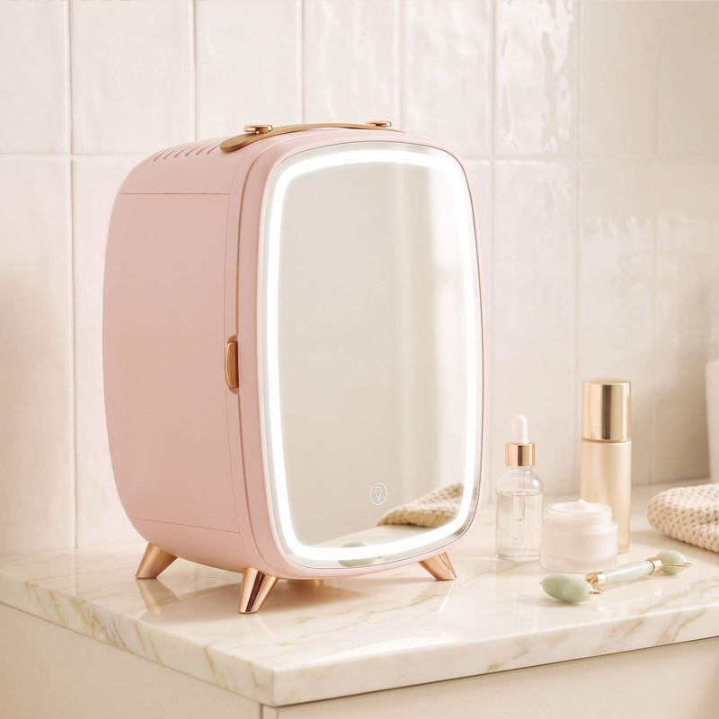 Pink fridge with its lit mirror closed on a marble surface beside serum and cream