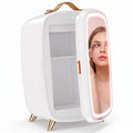 White Homcom skincare fridge with the LED mirror door open showing two shelves