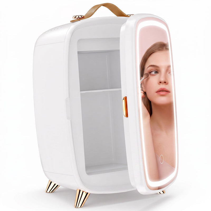 White Homcom skincare fridge with the LED mirror door open showing two shelves