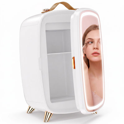 White Homcom skincare fridge with the LED mirror door open showing two shelves