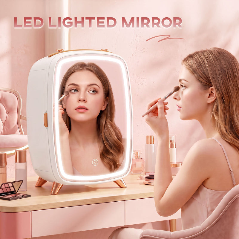 Woman applying makeup using the lit LED mirror door at a vanity table