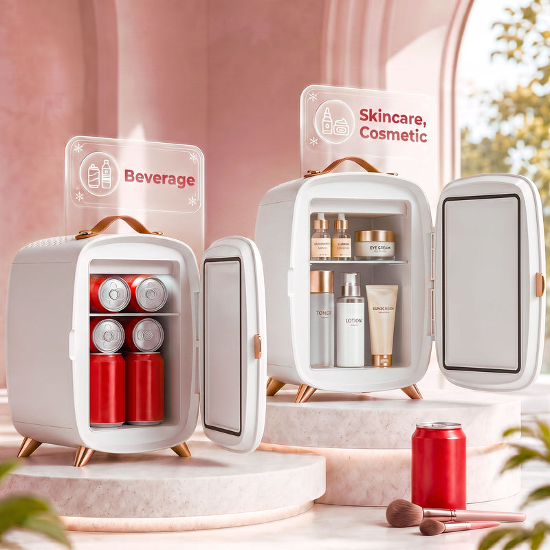 Panel showing the fridge holding drinks cans on one side and skincare bottles on the other