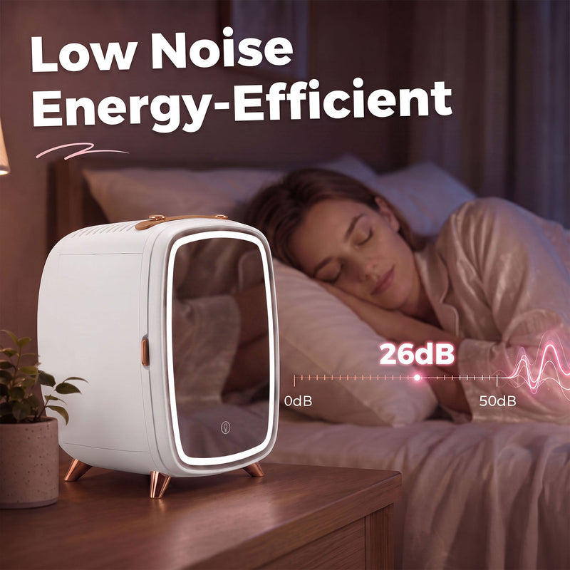 Low noise panel showing a 26 dB reading with the fridge on a bedside table
