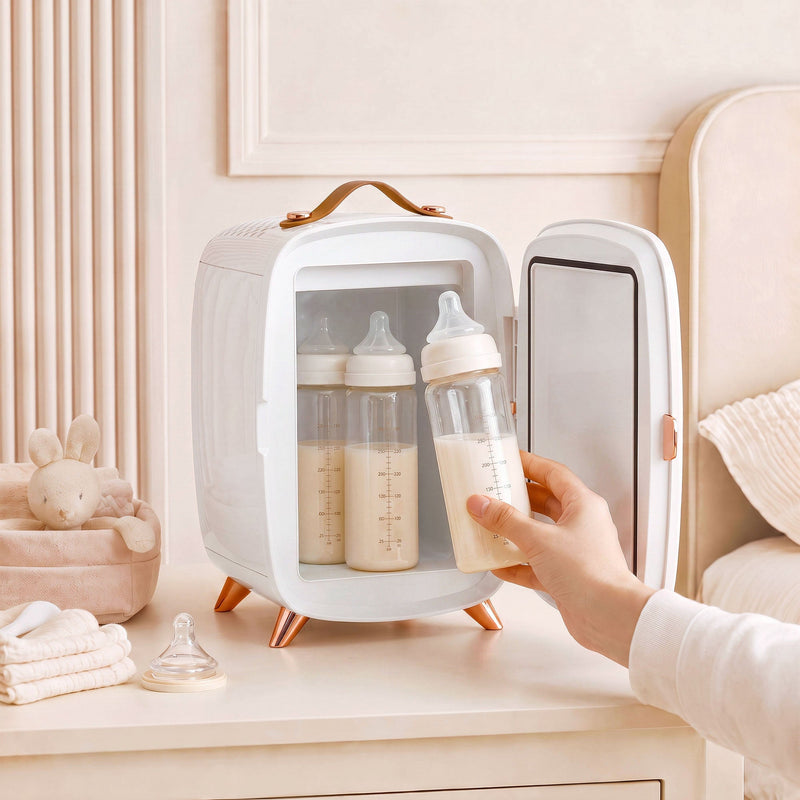 Hand taking a baby bottle from the open white fridge in a nursery